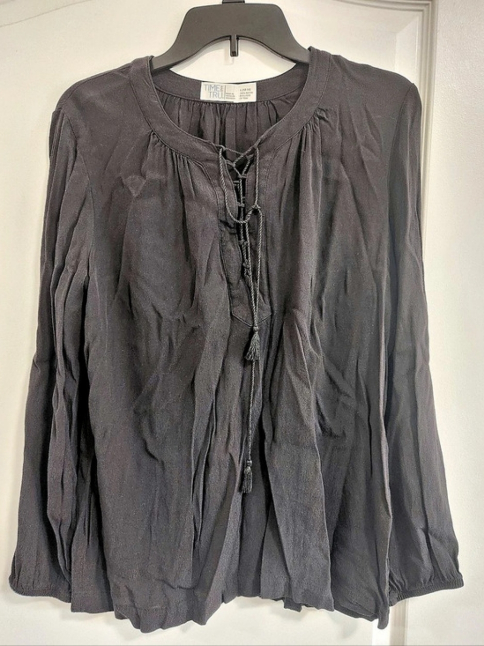 Time and Tru Lace-Up Blouse in Black Size Large